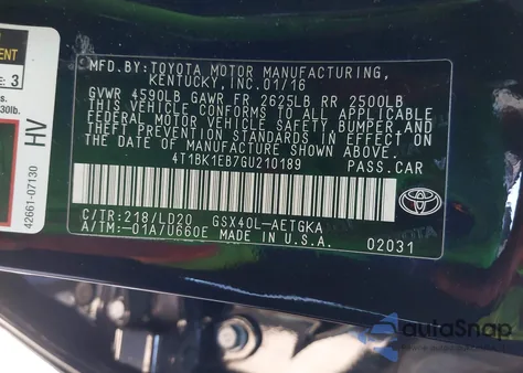 2016 Toyota Avalon Xle from USA, damaged, VIN 4T1BK1EB7GU210189